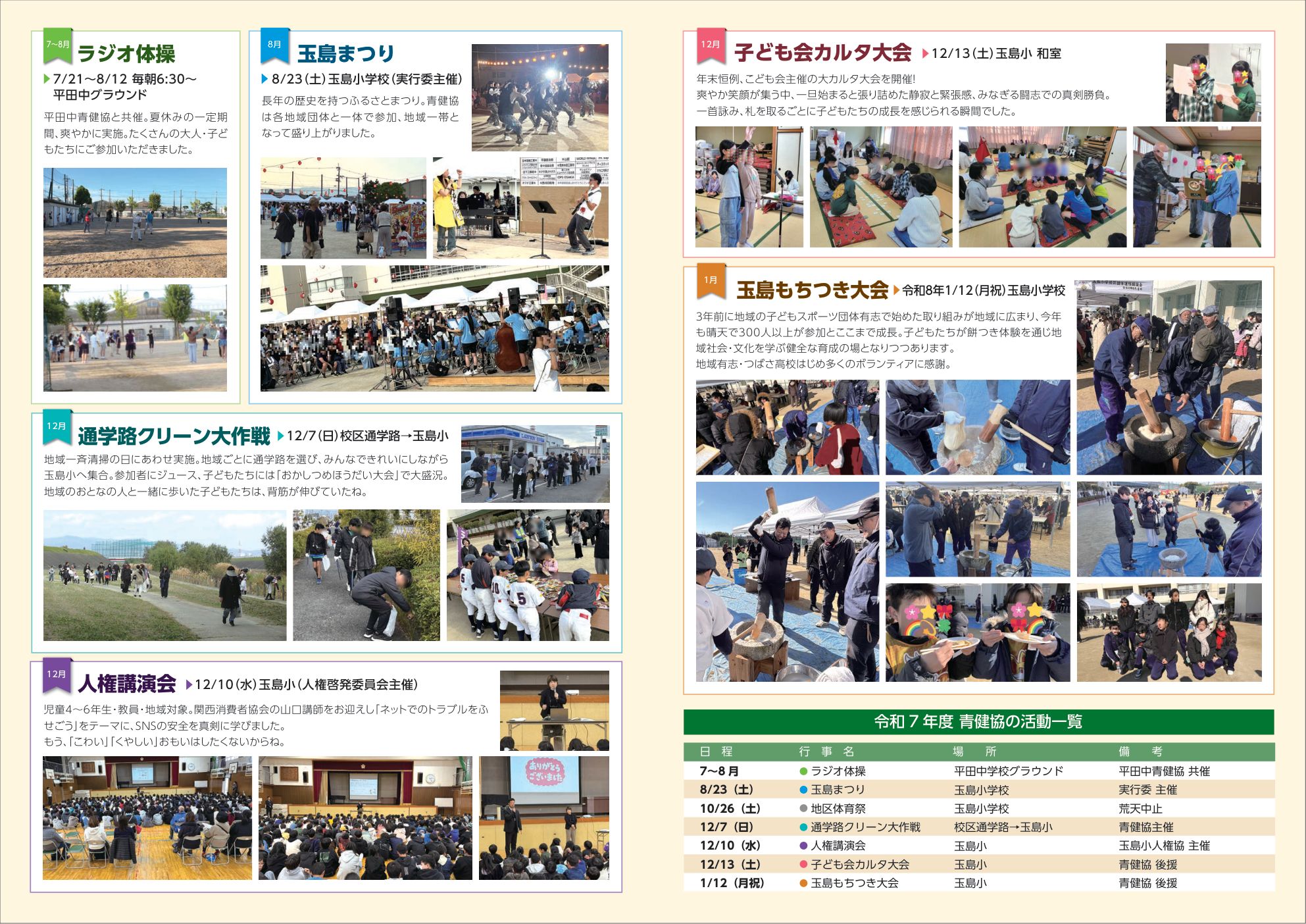 玉島せいけん第36号 2ページ目。ラジオ体操、玉島まつり、通学路クリーン大作戦、人権講演会、子ども会カルタ大会、玉島もちつき大会の写真と報告、令和7年度の活動一覧表。